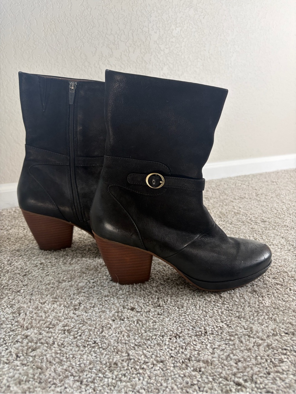 Dansko Black Leather Mid-Calf Heeled Boots with Brown Stacked Heel